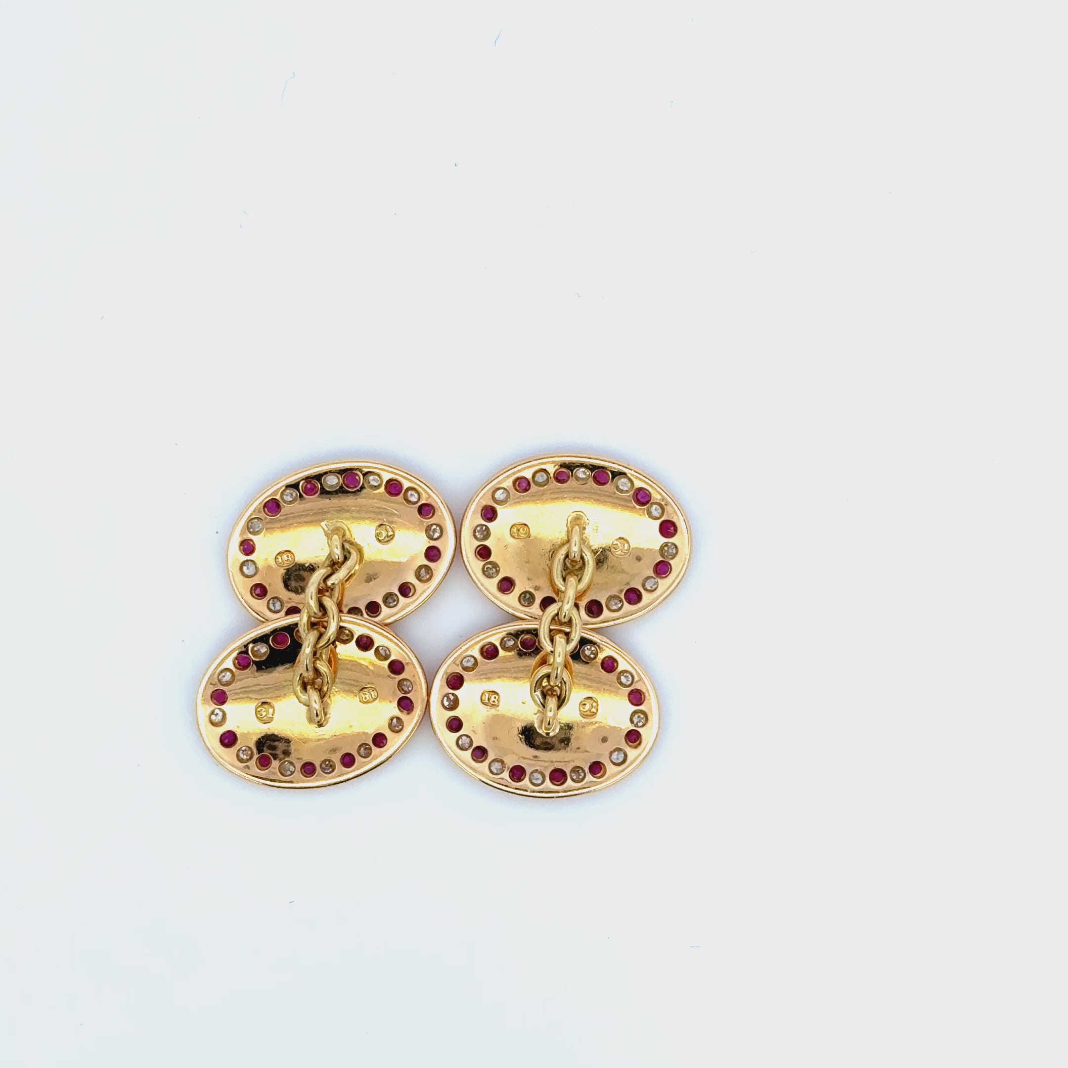 Antique Pair of 18ct Yellow Gold Ruby & Diamond Grain Set Oval Cufflinks (Pre-Loved)