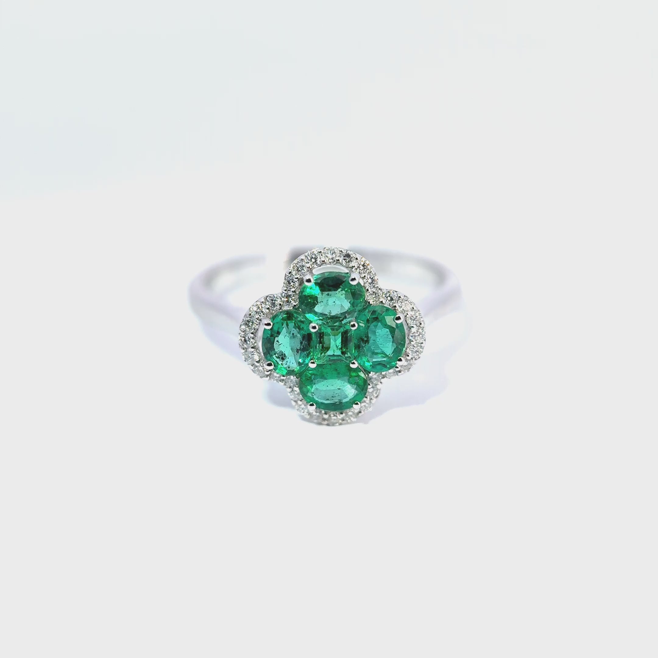 18ct White Gold Emerald and Diamond Clover Ring
