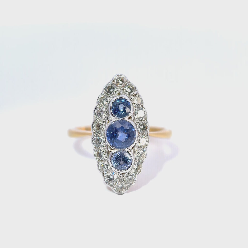 18ct Yellow and White Gold Navette Cluster Ring Set with Sapphire and Diamond