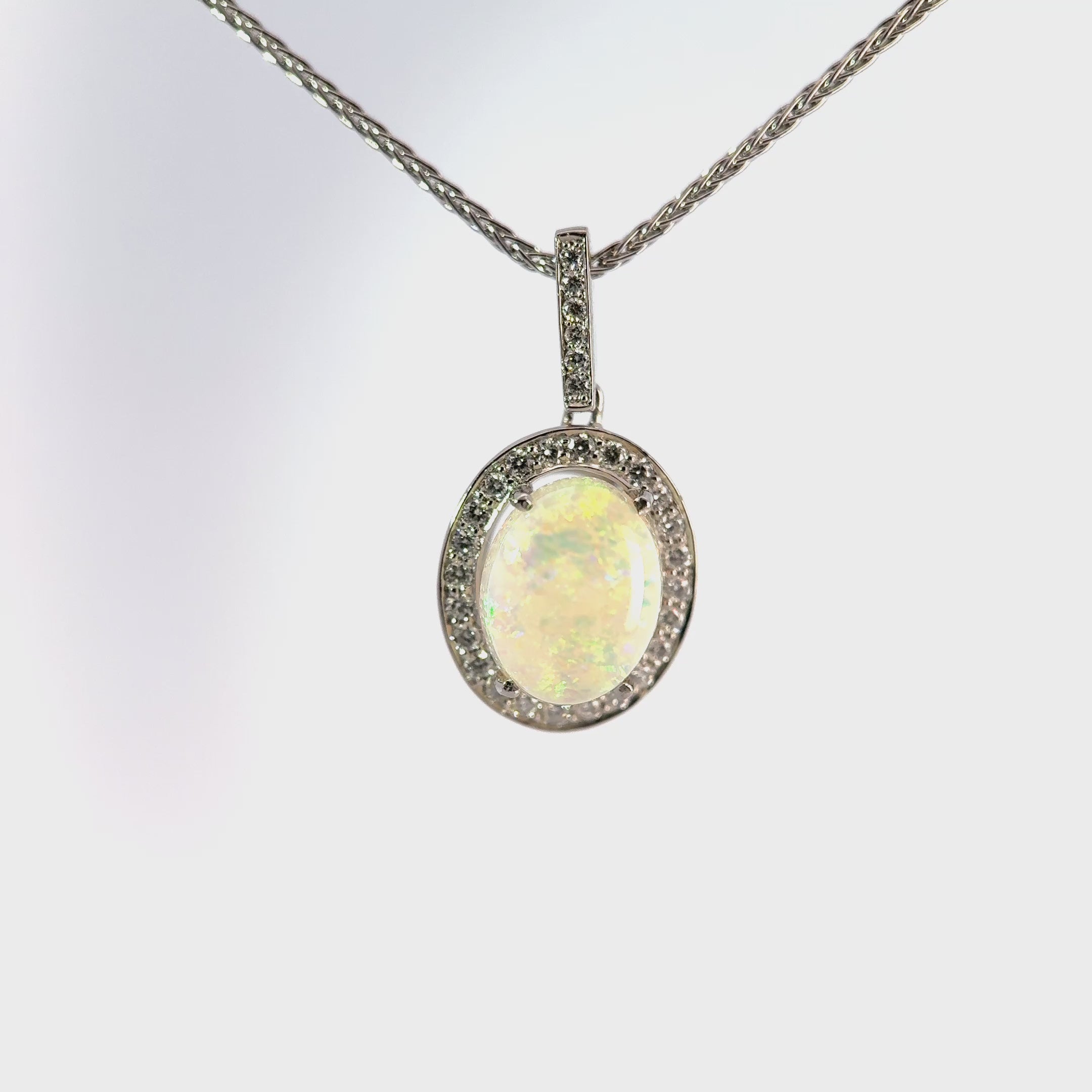 Platinum Oval Cabuchon Opal & Diamond Halo Necklace