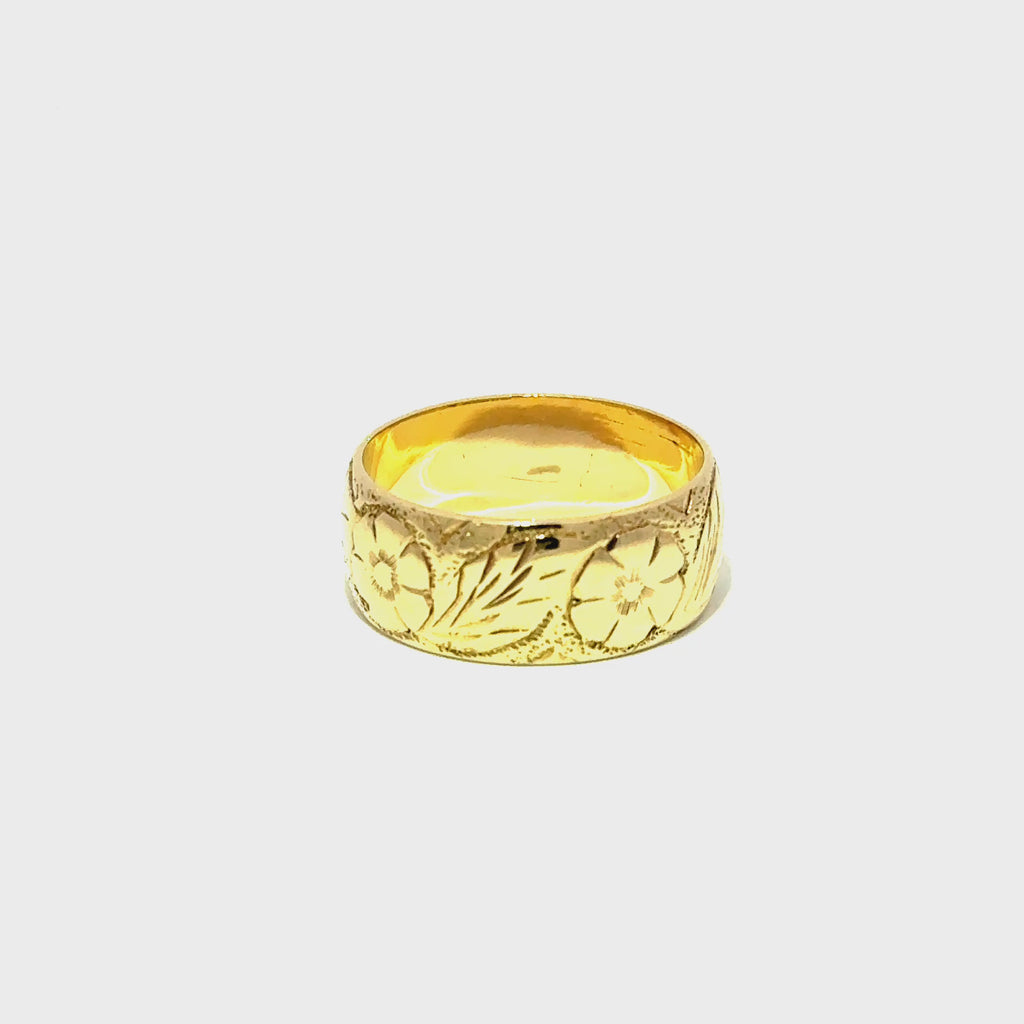 Alianza de boda vintage de oro amarillo de 9 quilates con diseño floral, 7 mm