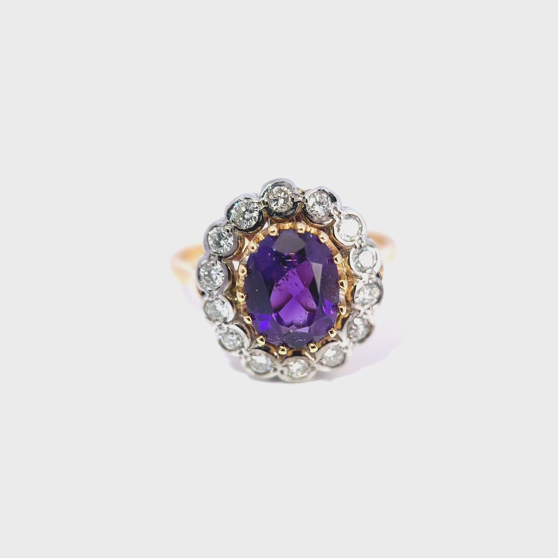 Vintage 18ct Yellow Gold & Platinum Amethyst & Diamond Cluster Ring (c. 1940’s)