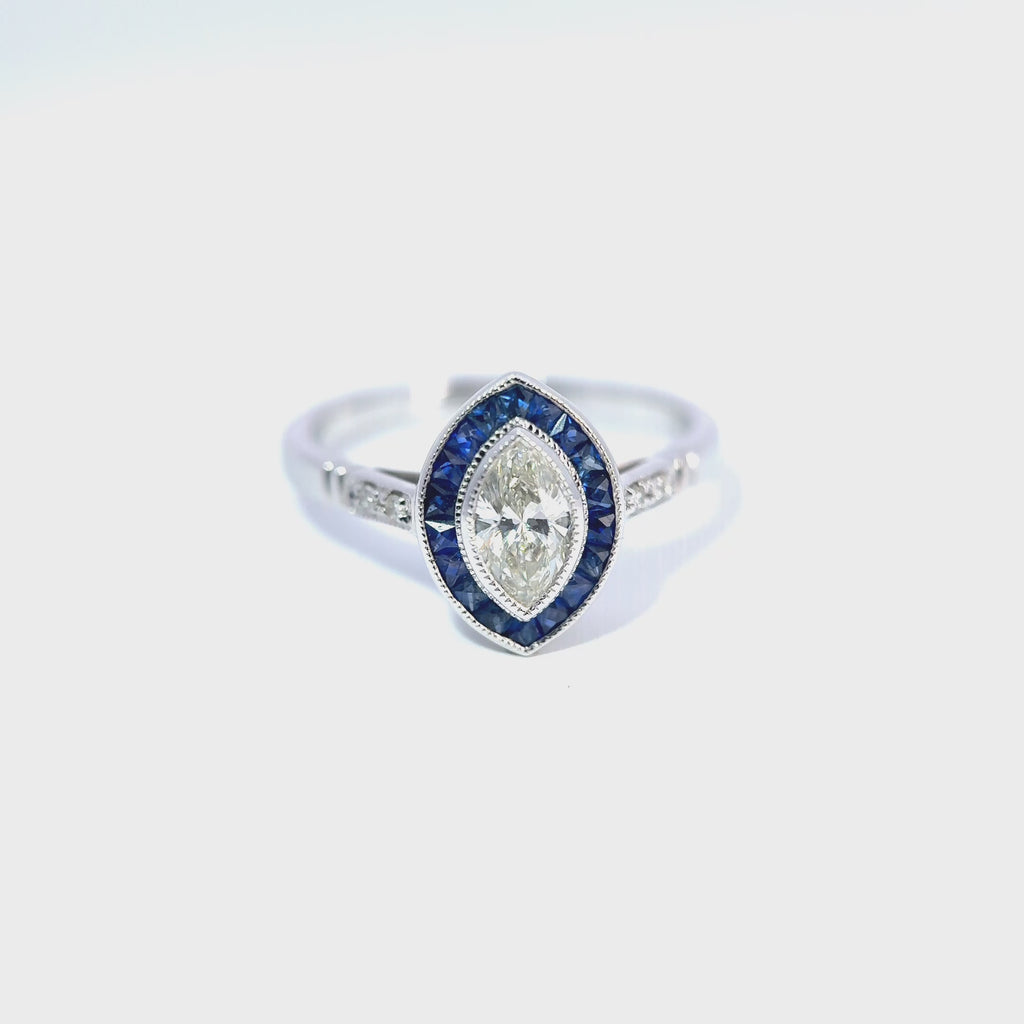18ct White Gold Marquise Diamond & French-Cut Sapphire Halo Ring