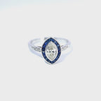 18ct White Gold Marquise Diamond & French-Cut Sapphire Halo Ring