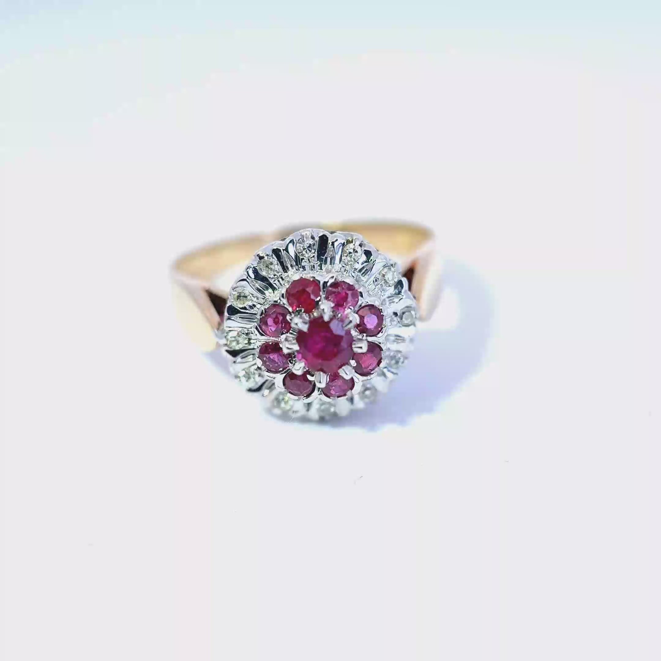Vintage 9ct Yellow Gold Ruby and Diamond Cluster Ring