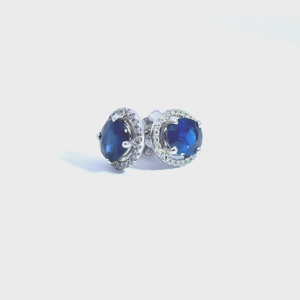 18ct White Gold Oval Sapphire & Diamond Halo Earrings