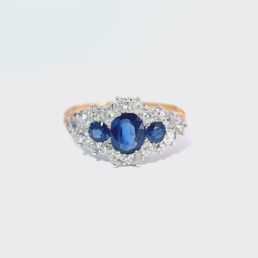 Vintage 18ct Yellow and White Gold Sapphire and Old Cut Diamond Cluster Ring, circa mid twentieth century