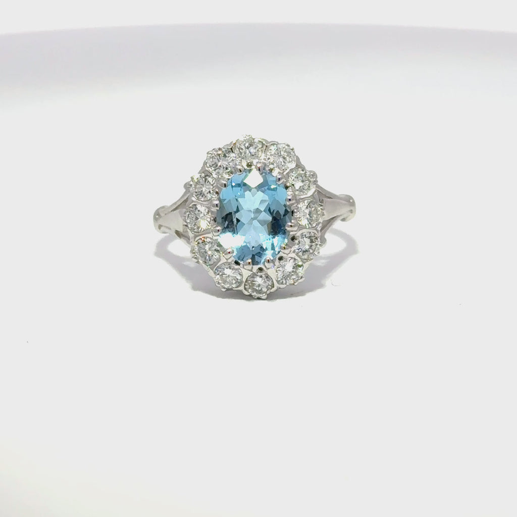 18ct White Gold Oval Aquamarine & Diamond Cluster Ring