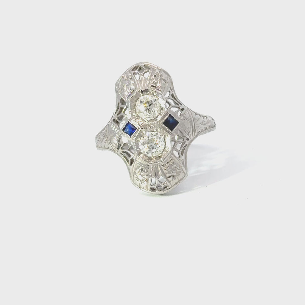 18ct White Gold Antique Art Deco Style Diamond & Sapphire Dress Ring (Pre-Loved)