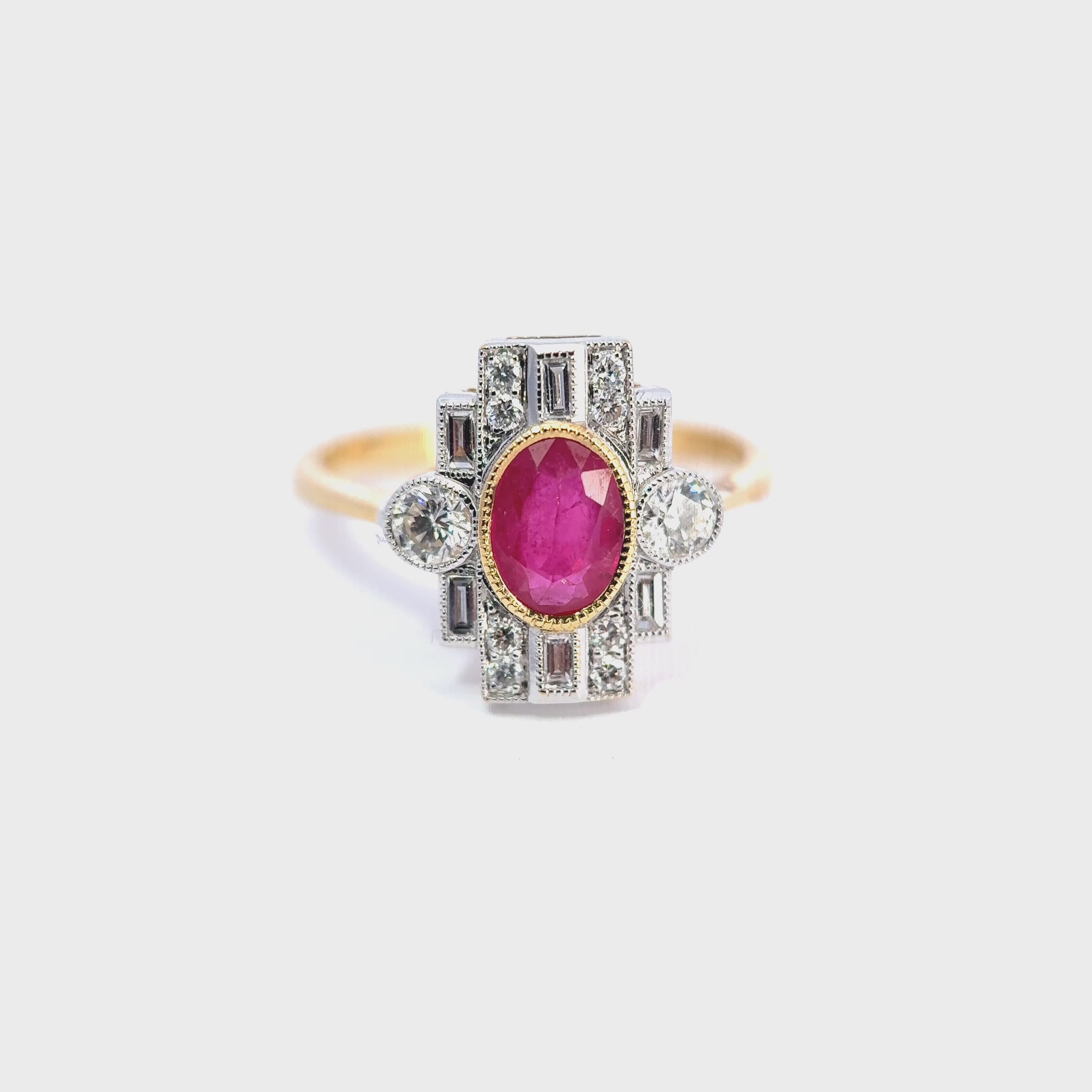18ct Yellow Gold Oval Ruby & Diamond Art Deco Style Cluster Ring