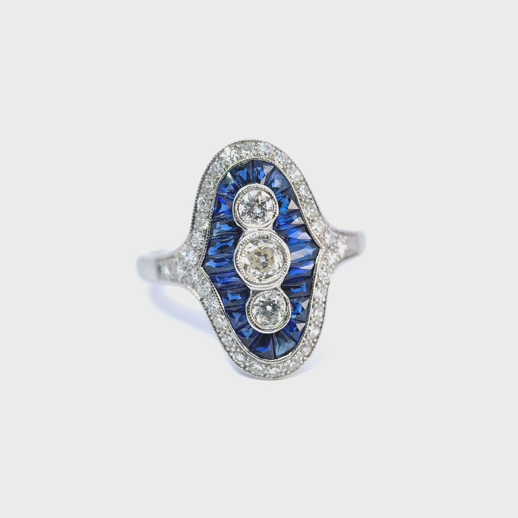 18ct White Gold Sapphire and Diamond Navette Ring, Art Deco Style
