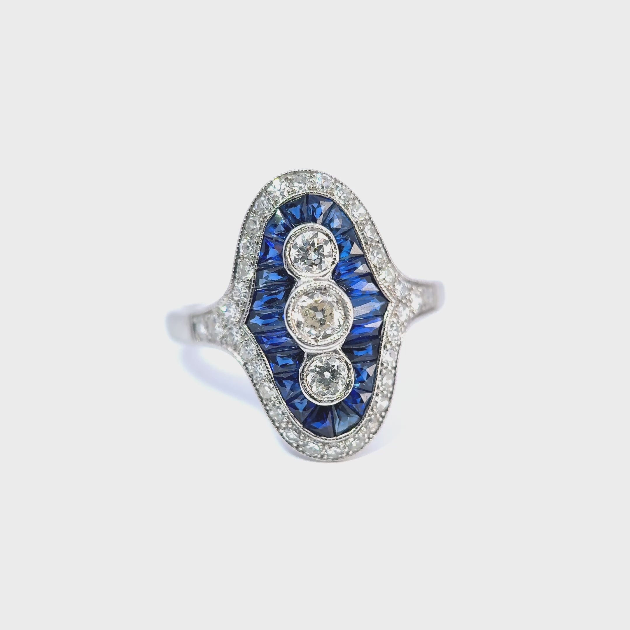 18ct White Gold Sapphire and Diamond Navette Ring, Art Deco Style